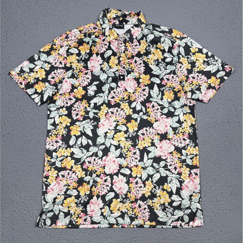 Bad Birdie Polo Shirt Mens Small‎ Black Floral Golf Performance Stretch Tropical
